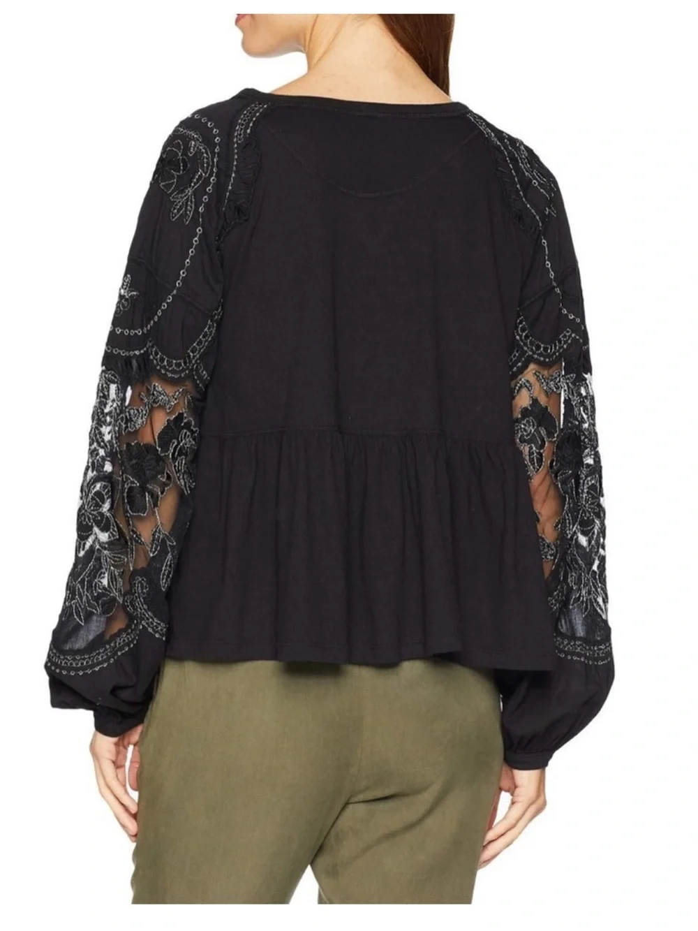 Free People Sz L Black Penny Peplum Long-Sleeve Top with Embroidered Sleeves
